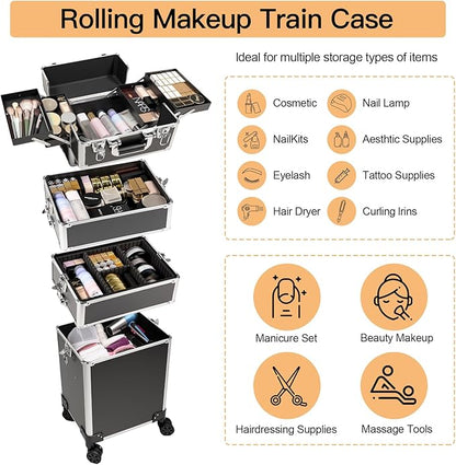 Professional Rolling Makeup Case, Cosmetology Case on Wheels 4 in 1 Large Cosmetic Train Case, Ideal Gift for Hairstylist, Nail Techs, Portable Beauty Organizer for Travel or Salon Use,Black Silver