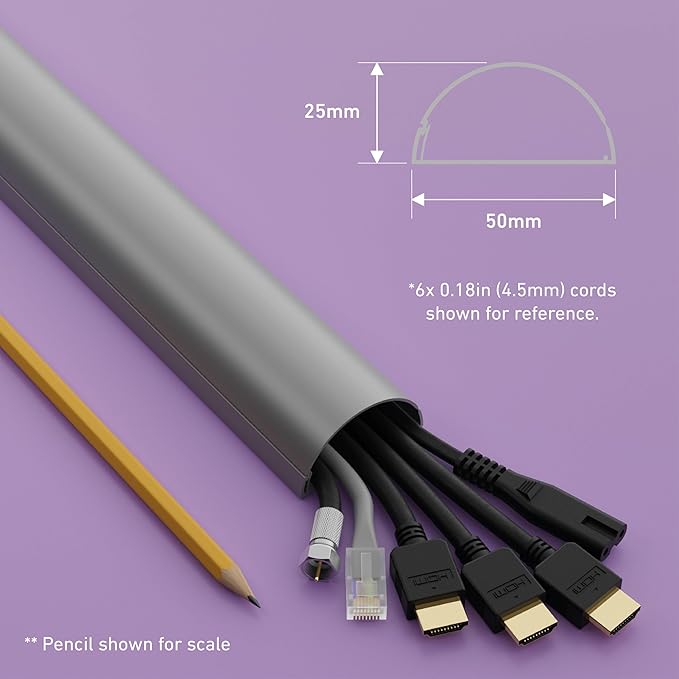D-Line Half Round Cord Hider, Patented Cable Cover, Hide TV Wall Mount Wires, Raceway for Cords, Decorative Wire Covers, Paintable, Adhesive Cable Concealer, 2in W x 1in H x 39in L, Gray