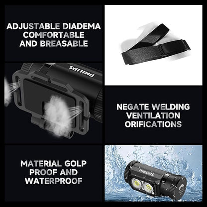 Philips SFL3255 LED Headlamp Rechargeable,1500 Lumens Super Bright Aluminium Magnetic Attraction Head Light Flashlight,Adults-Camping Accessories Gear,5 Modes for Outdoor Setting,USB Cable Included