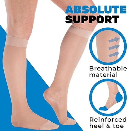 (3 Pairs - Closed Toe) Made in USA - Compression Socks for Women 15-20mmHg - Sheer Compression Knee High Stockings for Post Surgery, Pregnancy, Arthritis, Edema - Nude, Large - A101NU3-3