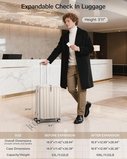 Hanke 26 Inch Expandable Luggage Top Opening Checked Bag Luggage Hard Shell Suitcases with Wheels Lightweight Travel Luggage Heavy Duty Luggage Suitcase with Lock for Woman Men-Ivory White