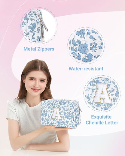 Narwey Christmas Gifts for Teen Girls Kids Women Personalized Initial Floral Makeup Bag Cute Cosmetic Trendy Stuff 6 8 10 11 12 13 14 16 18 Years Old Travel Toiletry Bag (Little Blue Flower A)