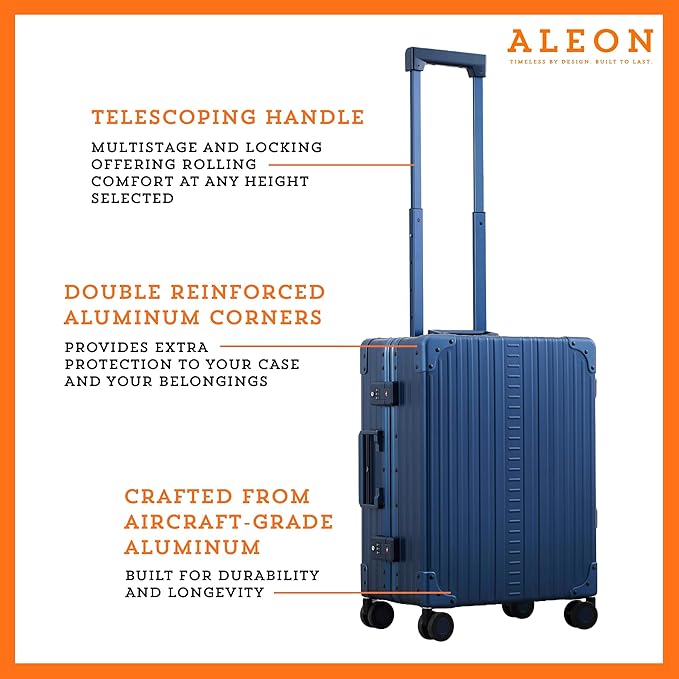 Aleon All Aluminum Lightweight Carry-On Luggage - Hardside Carry-On Suitcase, TSA Approved, Hard Shell Suitcase for Travel, Airline Approved 21 Inch Hard Spinner Wheels Luggage (Sapphire)