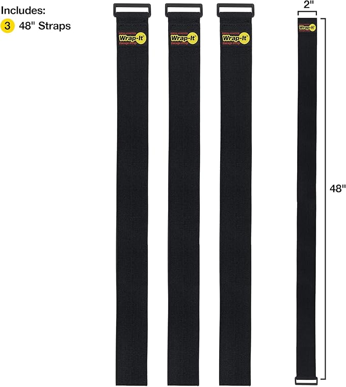 Super-Stretch Wrap-It Storage Straps, 48-in x 2-in (3-Pack) - Elastic Hook and Loop Cinch Straps - Pool Hose and Cable Straps, Garage and RV Storage Accessories