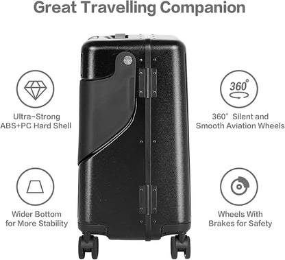 smilesun 22" Carry On Luggage with Seat For Kids & Adults，Hardside Ride On Suitcase Front Opening with 360°Spinner and TSA Lock For Travel (Black with Front Open, 22")