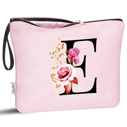 Vavabox A-Z Personalized Makeup Bag, Birthday Gifts for Women Mom, Gifts for Best Friend, Bride Bridesmaid Cosmetic bag (E, Pink)