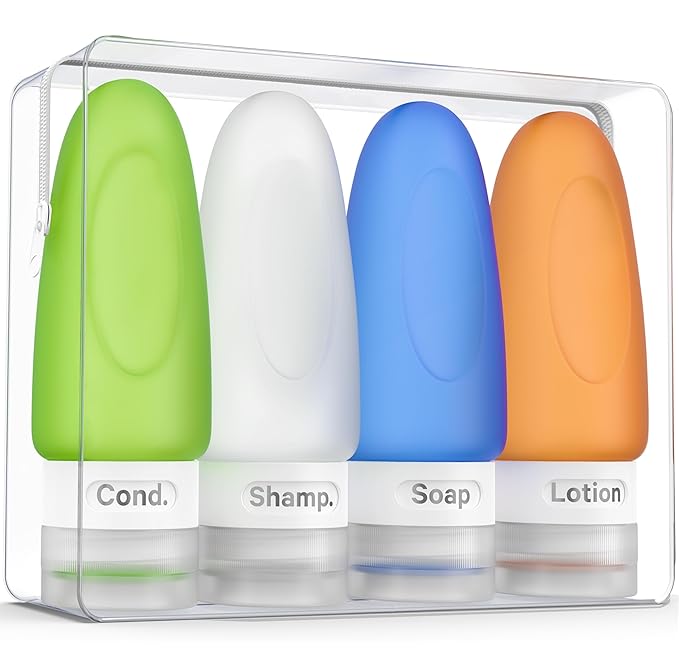 Dot&Dot Leak Proof Travel Bottles for Toiletries - 4 Pack Silicone Toiletry Containers - Shampoo and Conditioner Bottles With TSA Quart Bag - 2 oz Size