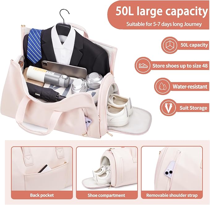 Leather Garment Bag Women, Carry on Garment Bag for Travel Convertible Garment Duffel Bag 2 in 1 Waterproof Foldable Travel Suit Bag Weekender Bag with Shoe Pouch