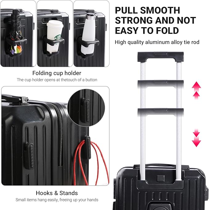 Carry-on Luggage with Cup Holder & USB Charging Port, Hard Side Luggage with Spinner Wheels, Lightweight Luggage for Travel, Business (Black, Carry-On 20-Inch)