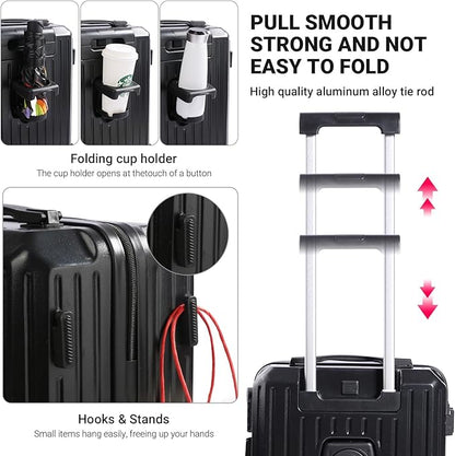 Carry-on Luggage with Cup Holder & USB Charging Port, Hard Side Luggage with Spinner Wheels, Lightweight Luggage for Travel, Business (Black, Carry-On 20-Inch)