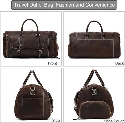 Full-grain Genuine Leather Travel Bag Large Capacity Duffel Luggage Bag with Shoe Compartment, Men Women Shoulder Handbag for Weekend Holiday Business Trip