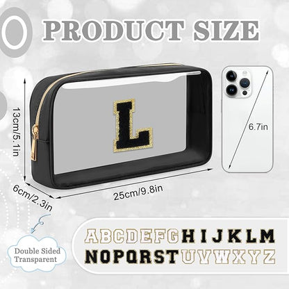 Small Clear Personalized Initial Makeup Bag,Nylon Preppy A-Z Chenille Letter Patch Cosmetic Pouch Beach Toiletry Bag,Waterproof Zipper Travel Purse Storage Bag Organizer for Women Girls(Black-Black L)