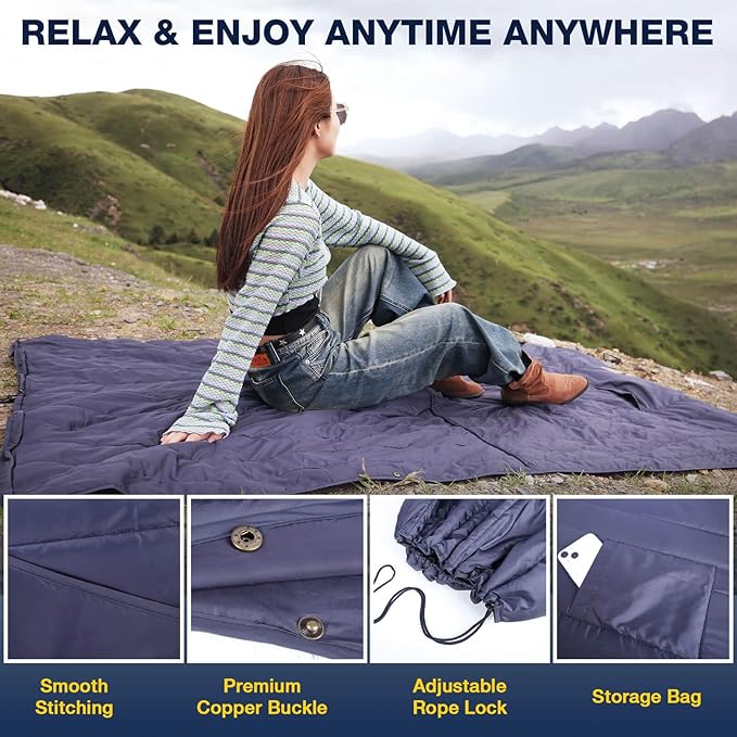 DUKUSEEK Outdoor Wearable Camping Blanket with Hood, Large Packable Backpacking Hooded Stadium Blankets, Lightweight Warm Quilt for Picnic, Hiking, Football, 79"X56"