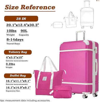 Merax Luggage Set,28 IN Hardside Suitcase with Duffel Bags,3 Piece Expandable Luggage with Spinner Wheels, Vintage Luggage with TSA Lock Lightweight,(Pink)
