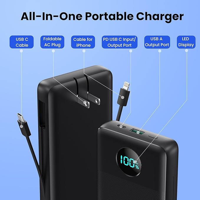 Portable Charger USB C Power Bank with 2 Built in Cables & AC Wall Plug,13800mAh Portable Battery Pack Fast Charging Compact LED Display Universal Compatible with iPhone 17/16,Galaxy S23,Tablets etc