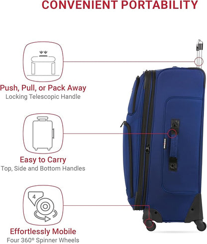 SwissGear Sion Softside Expandable Luggage – Large Checked Suitcase with 360 Degree Wheels & Retractable Handle – 29 Inch, Perfect for 7-9 Night Trips – Blue