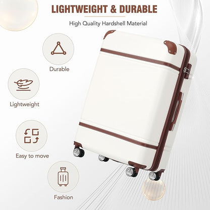 Merax Luggage Set 3 Piece Suitcase Set with 1 Cosmetic Case Expandable Spinner Wheels Vintage Luggage Sets(White,20"+24"+28")