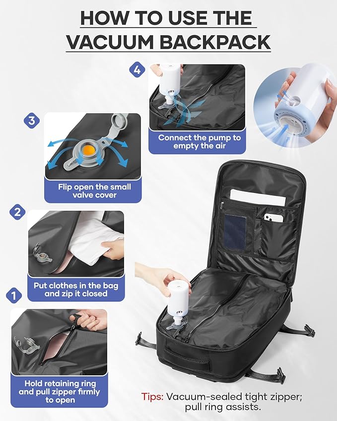 wepadre Vacuum Backpack Travel with Pump Travel Backpack with Vacuum System Easy Vac Pack Backpacks Vacpack Compression Backpacks Mochila de Viaje Compresion al Vacio Black