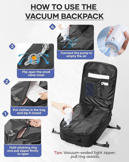wepadre Vacuum Backpack Travel with Pump Travel Backpack with Vacuum System Easy Vac Pack Backpacks Vacpack Compression Backpacks Mochila de Viaje Compresion al Vacio Black