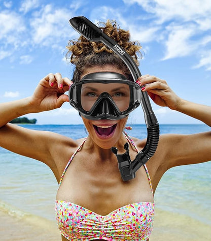 Aegend Snorkeling Gear for Adults Youth Kids, Dry Snorkel Set Panoramic View Enhanced Anti-Leak and Anti-Fog Technology, Adjustable Strap for Snorkeling Scuba Diving Swimming with Mesh Bag