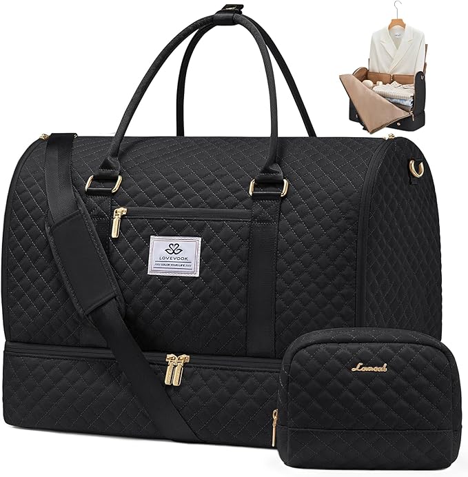 LOVEVOOK Convertible Garment Bag for Travel with Shoe Pouch, Carry On Garment Duffel Bag with Toiletry Bag, 2 in 1 Hanging Suitcase Suit Bag, Waterproof Weekender Bag for Women Travel, Wedding, Black