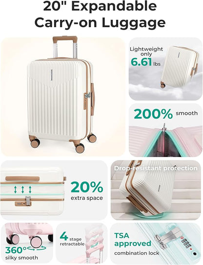 BAGSMART Carry On Luggage 22x14x9 Airline Approved with Spinner Wheels,100% PC Hardside Expandable Luggage with TSA Lock for Trips, 20 Inch Rolling Suitcases for Men Women,Beige