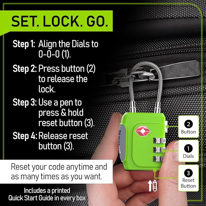 Untethered TSA Luggage Locks (3 Pack) – Resettable 3-Digit Combination TSA Approved Travel Padlocks for Suitcases, Backpacks, Gym Bags & Checked Baggage (3 Pack | Green)