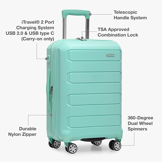 Traveler's Choice Pagosa Indestructible Hardshell Expandable Spinner Luggage, Mint, 22-Inch Carry-on