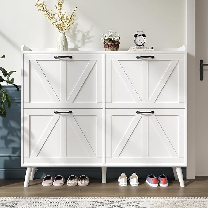 Shoe Cabinet with 4 Flip Drawers, Large Hidden Shoe Storage Cabinet Slim, Freestanding Farmhouse Shoe Organizer Cabinet for Entryway, Narrow Shoe Cabinet with Wooden Legs, White