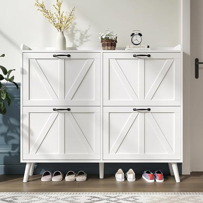 Shoe Cabinet with 4 Flip Drawers, Large Hidden Shoe Storage Cabinet Slim, Freestanding Farmhouse Shoe Organizer Cabinet for Entryway, Narrow Shoe Cabinet with Wooden Legs, White