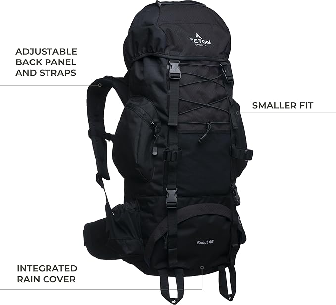 Teton 55L Scout Internal Frame Backpack for Hiking, Camping, Backpacking, Travel, Rain Cover Included, Olive