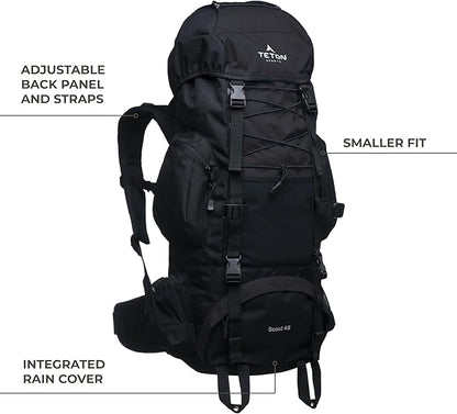 Teton 55L Scout Internal Frame Backpack for Hiking, Camping, Backpacking, Travel, Rain Cover Included, Olive