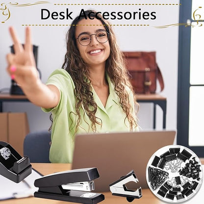 Office Supplies,Desk Accessories, Stapler and Tape Dispenser Set for Women with Stapler, Tape Dispenser, Staple Remover, Staples, Clips, Scissor and Tabs,Gift for Students, Coworkers