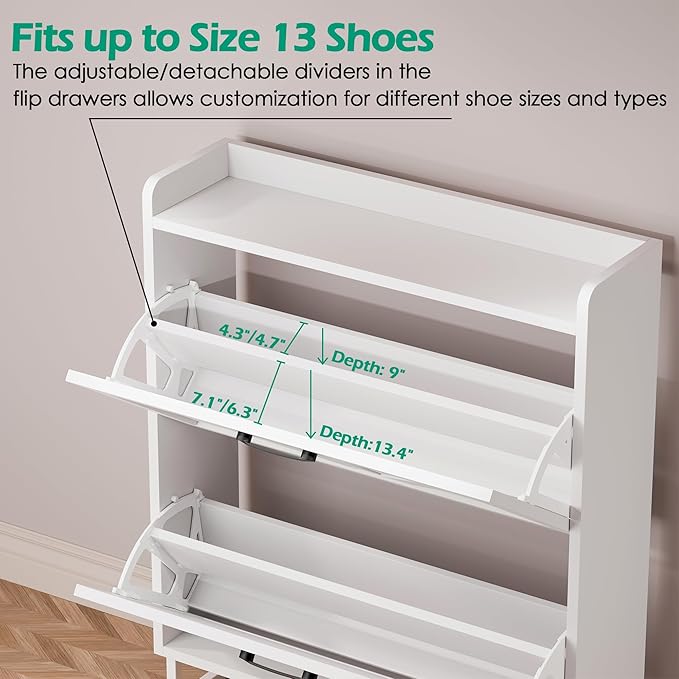 Betterhood Entryway Shoe Cabinet with 2 Flip Drawers, Slim Shoe Rack Cabinet, Freestanding Hidden Shoe Organizer Cabinet with Metal Legs, Shoe Cabniet for Entryway with Storage, Hallway, Foyer, White