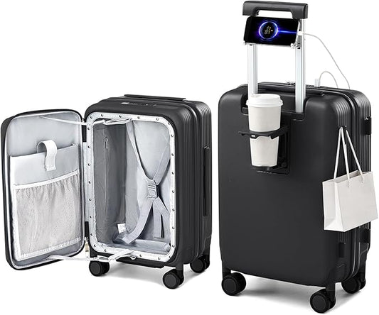 Hanke 20 Inch Expandable Carry On Luggage Airline Approved Top Opening Travel Luggage Rolling Suitcase with Cup Holder Hard Shell Suitcases with Wheels (Jet Black)