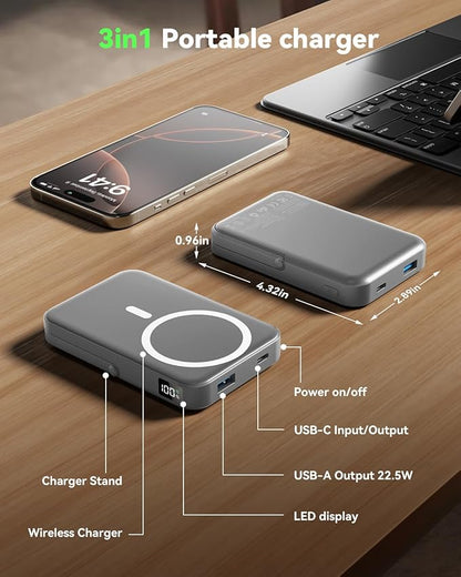 for MagSafe Portable Charger 10000mAh, Magnetic Wireless Power Bank with Foldable Stand, Fast Charging USB-C Battery Pack for iPhone 17/16/15/14/13/12 Series, Strong Magnetic Snap