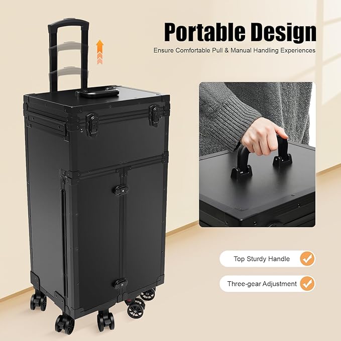Professional Rolling Makeup Case 4 Drawers Pro Makeup Artist Cosmetic Train Case Hairstylist Travel Case Portable Make Up Station with Multiple Compartments & 6 Swivel Wheels - Black