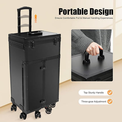 Professional Rolling Makeup Case 4 Drawers Pro Artist Cosmetic Train Cases Hairstylist Travel Case with Multiple Compartments & Hair Dryer Holder