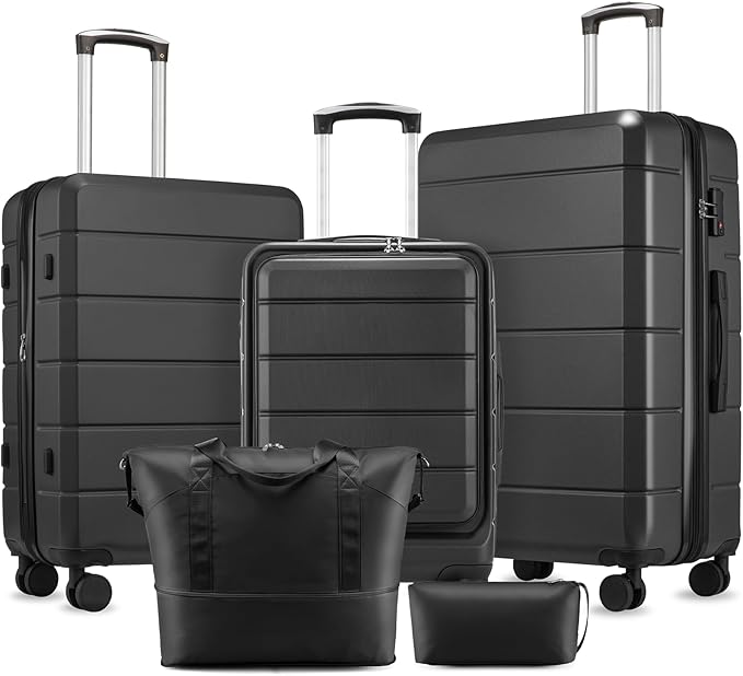 Luggage Sets 5 Piece, H1F Hardside Suitcase With Wheels - Spinner Wheels, TSA Lock, Includes Tote Bag（FX-Lite,Black,5 Piece Sets）