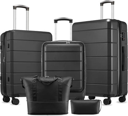 Luggage Sets 5 Piece, H1F Hardside Suitcase With Wheels - Spinner Wheels, TSA Lock, Includes Tote Bag（FX-Lite,Black,5 Piece Sets）