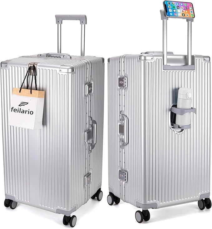 feilario 30in Super Large Captain Aluminum Frame Hardside Spinner Wheels Luggage, Removable Wheels Zipperless Checked Suitcase with Cup Holder/Phone Holder
