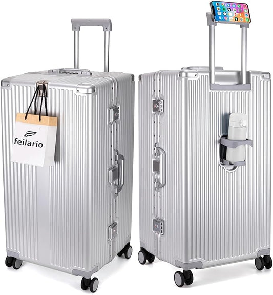 feilario 30in Super Large Captain Aluminum Frame Hardside Spinner Wheels Luggage, Removable Wheels Zipperless Checked Suitcase with Cup Holder/Phone Holder