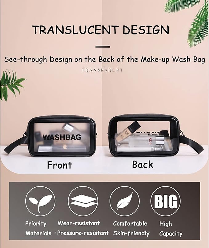 Clear Travel Bags for Toiletries, 3Pcs Portable PVC Waterproof Cosmetic Bags, Transparent Travel Storage Carry Pouch, Toiletry Bags and Cosmetics Organizer for Women Men (Black)