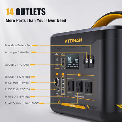 VTOMAN Jump 1500X Portable Power Station with 110W Solar Panel, 828Wh LiFePO4 Battery Solar Generator with 1500W AC Outlet, Jump Start, PD 100W Type-C for Camping, Home Backup, Outdoor Christmas Party