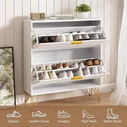 Shoe Storage Cabinet with 2 Flip Drawers, 31.5" W Fluted Shoe Cabinet for Entryway, Hidden Shoe Cabinet Storage, Narrow Free Standing Shoe Orgnaizer Rack Cabinet for Foyer Hallway, White