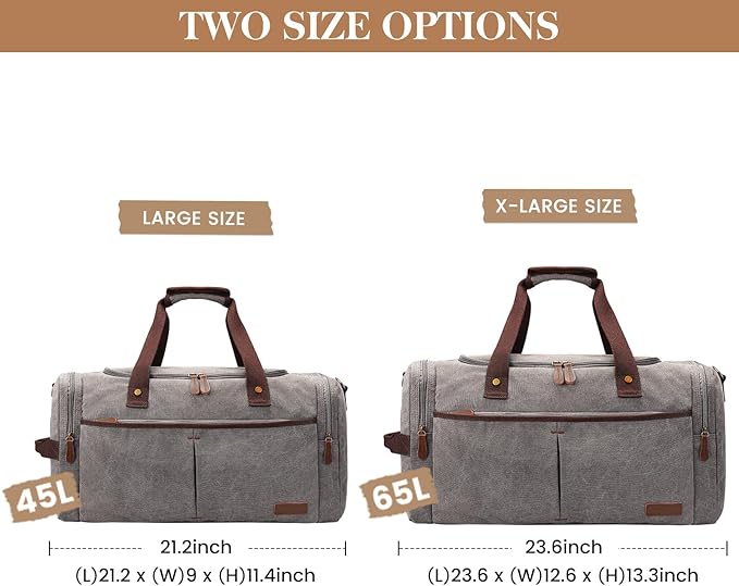 S-ZONE 65L Expandable Canvas Duffle Bag Travel Overnight Holdall Weekend Bag with Shoes Compartment Large Carry On Bag Tote Gym Bag for Men Women, Light Gray, X-Large, Travel Duffle