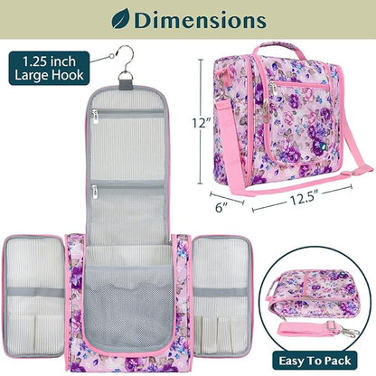 PAVILIA Extra Large Toiletry Bag Travel Bag for Women Men, Hanging Cosmetic Organizer, Water Resistant Makeup Bag for Accessories Toiletries, Travel Essentials Kit (Floral Pink)