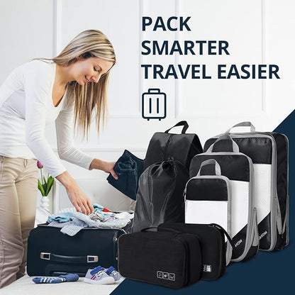 7 Set Compression Packing Cubes for Travel - Compressible, Lightweight, and Space-Saving Packing Cubes, Travel Essentials for Women, Black