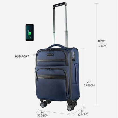 KROSER Softside Expandable Carry On Luggage with Front Business Pockets，20 Inch Suitcases with Spinner Wheels & Built-in TSA Lock, Durable Suitcase Rolling Luggage with USB Port, Navy