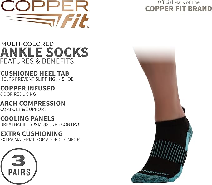 Copper Fit Unisex No Show Sport Socks, Black, Large-X-Large, 3 Pair